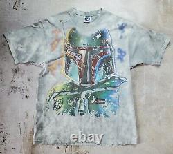 Vintage 1997 Star Wars Boba Fett Liquid Blue T-Shirt (size L) Mandalorian Disney