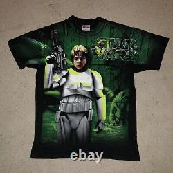 Rare Vintage Années 90 1996 Star Wars Luke Skywalker All Over Print Green Stormtrooper