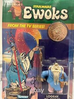 Série TV Vintage Star Wars Ewoks Logray Figurine Kenner Carte & Pièce MOC 1985