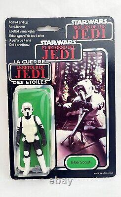 Vintage Palitoy Star Wars Le Retour du Jedi 1983 Biker Scout TriLogo MOC avec étui